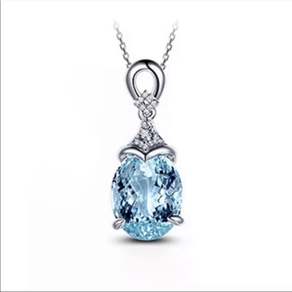 New Luxury Silver Color Blue Aquamarine Necklace - Picture 5 of 5